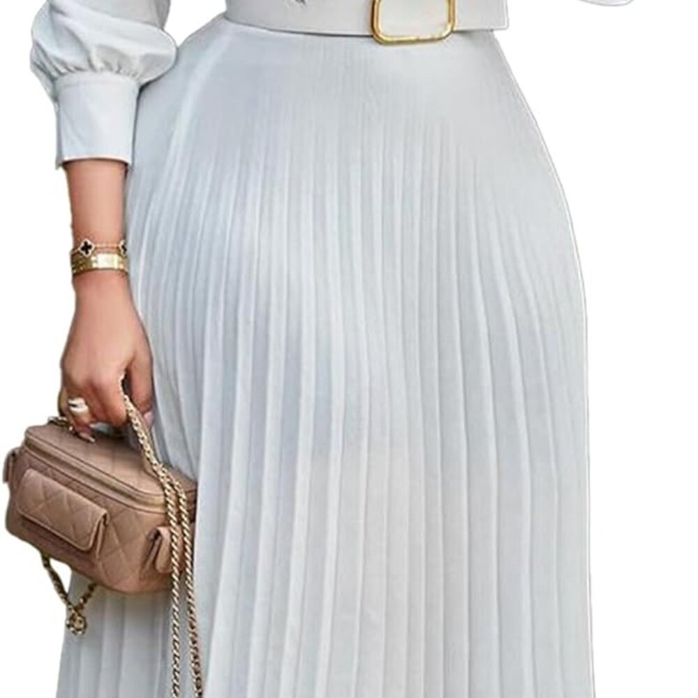 Womens Pleated Dress V Neck Long Sleeve A Line Church Formal Works Business Dres
